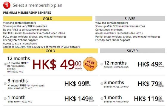 Screenshot of the Asia Friend Finder prices