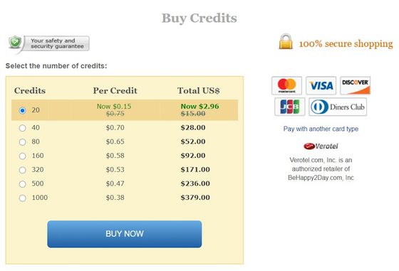 Screenshot of the BeHappy2Day prices