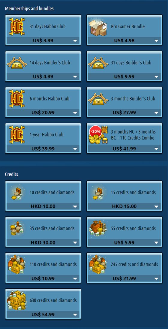 Screenshot of the Habbo prices