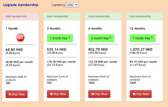 Screenshot of the LatinLove prices