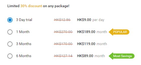 Screenshot of the MeetMilfy prices