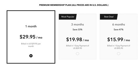 Screenshot of the Senior Match prices