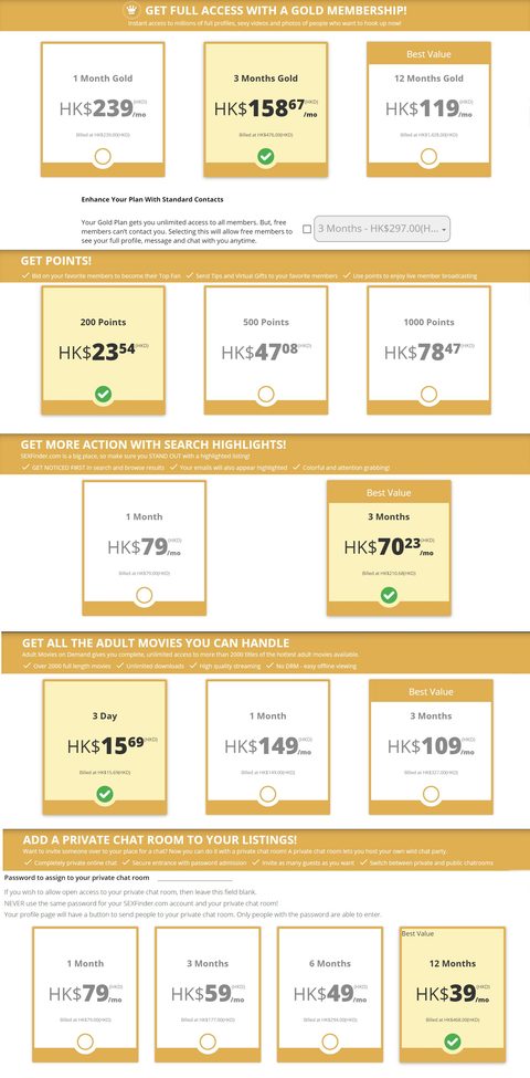 Screenshot of the Sexfinder prices