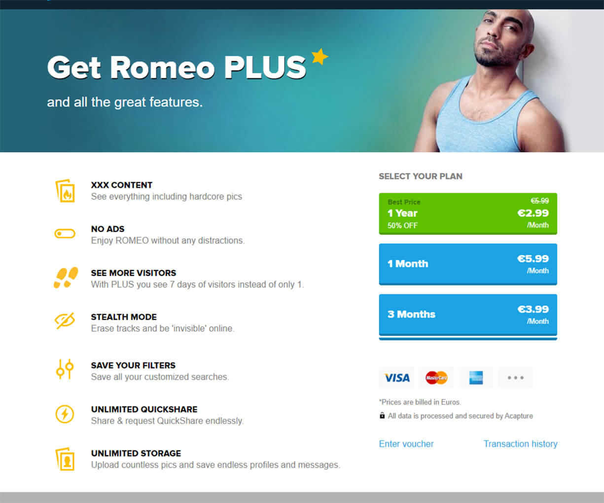 PlanetRomeo has an affordable premium subscription offered in 1, 3, and 12-...