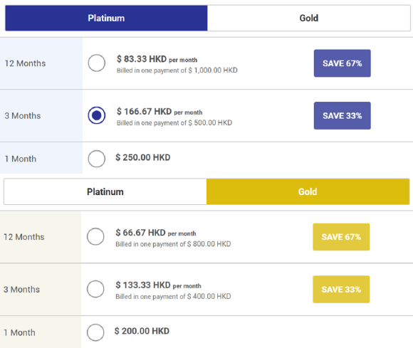 Hong Kong Cupid Pricing Table